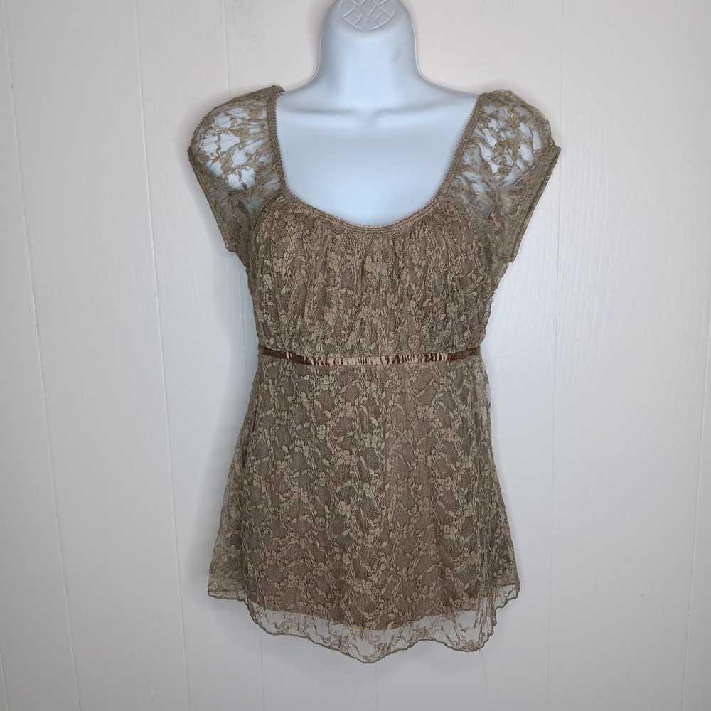 IZ Byer California Y2K Babydoll Top L Taupe Lace Overlay Forest Fairy Grunge - Picture 2 of 10